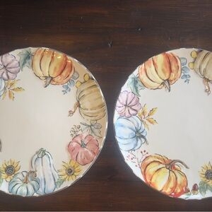 2 Potters Studio Watercolor Pumpkin Patch 10.5” Ceramic Dinner Plates Set 2 New